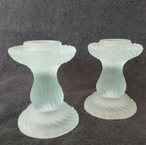 Vtg Blue Satin Glass Candle Holder X 2 Soft Blue Swirl Frosted Candlestick Taper